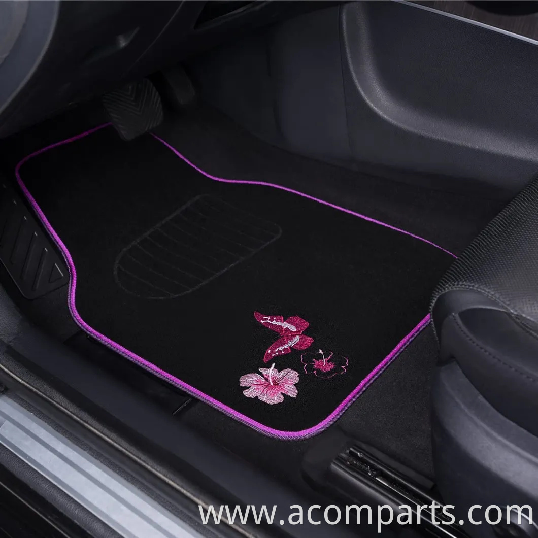 Universal Fit Embroidery Butterfly and Flower Car Floor Mats, Universal Fit for SUV, Trucks, Sedans, Vans, Set of 4 (Black with Purple)